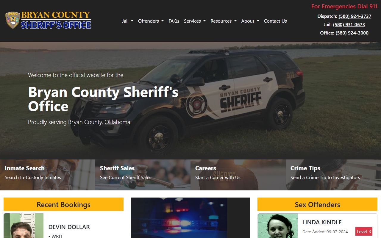 Bryan County Sheriff's Office inmate search portal showing jail mugshots and booking records