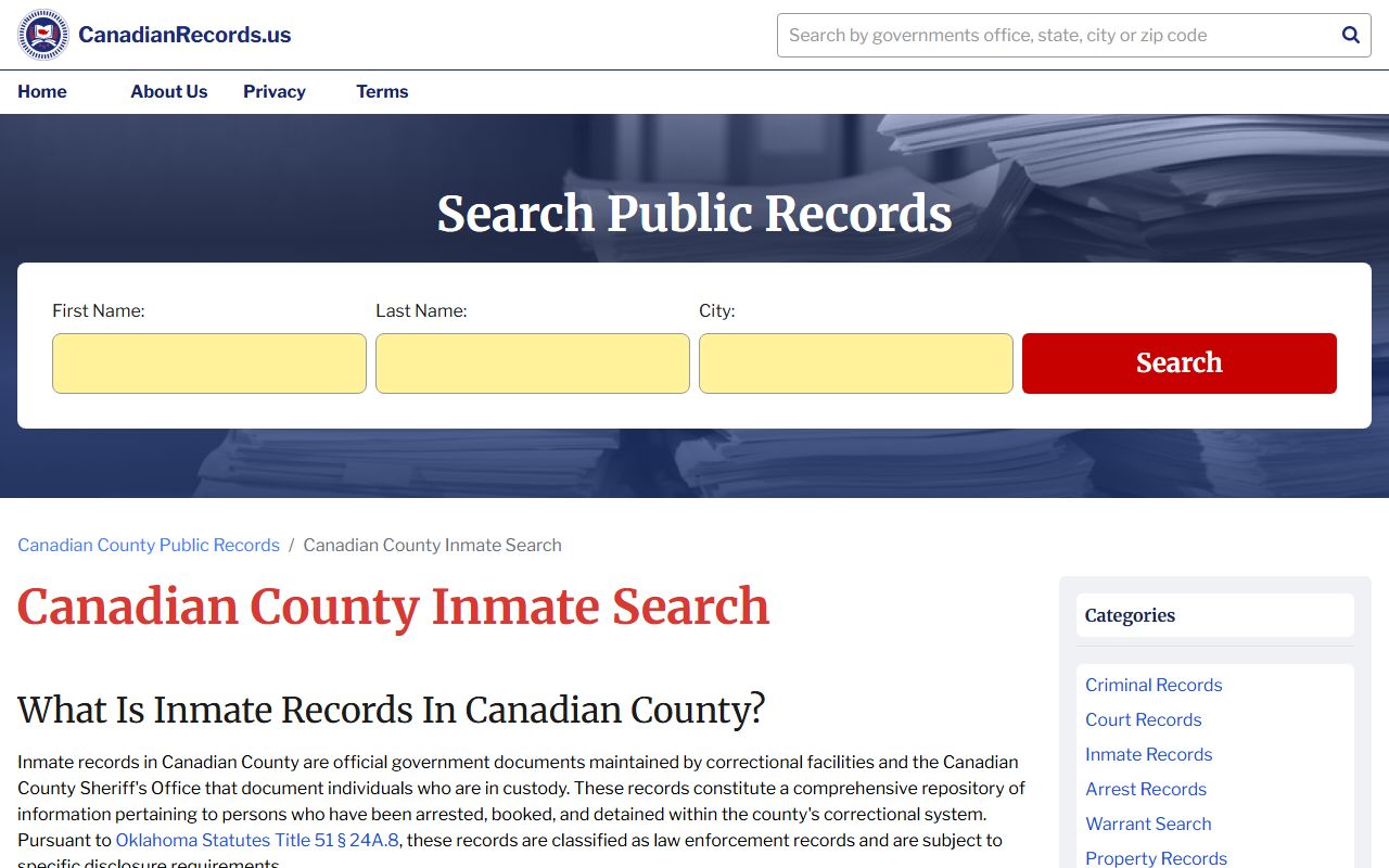 Canadian Records inmate search for Canadian County jail mugshots and booking data