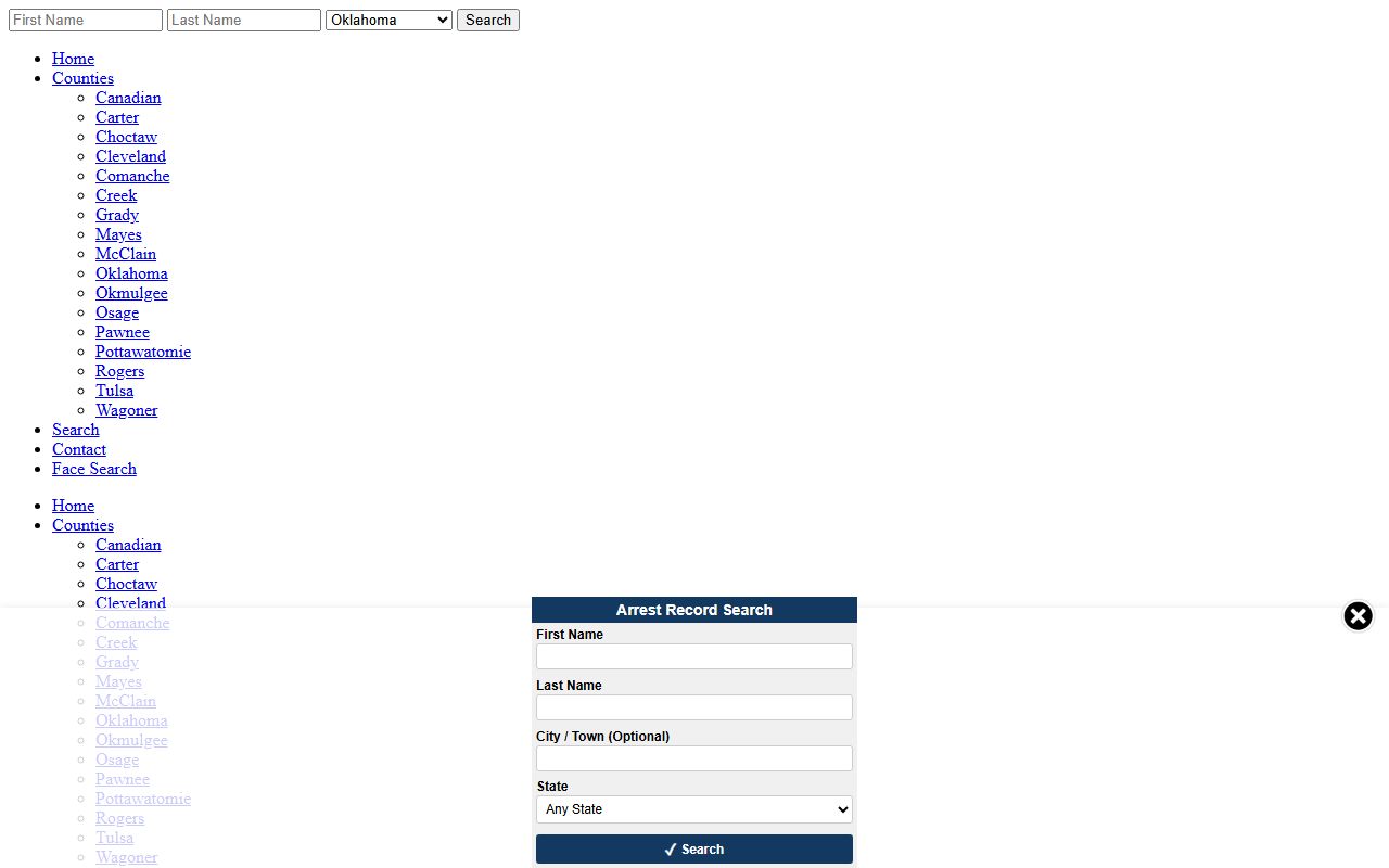 Oklahoma Arrests website showing Creek County jail mugshots and recent booking data