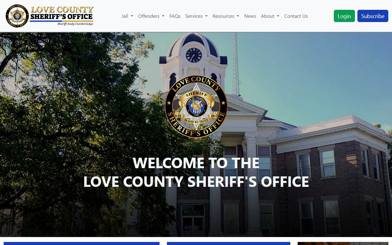 Love County Sheriff's Office website showing jail mugshots and booking contact information