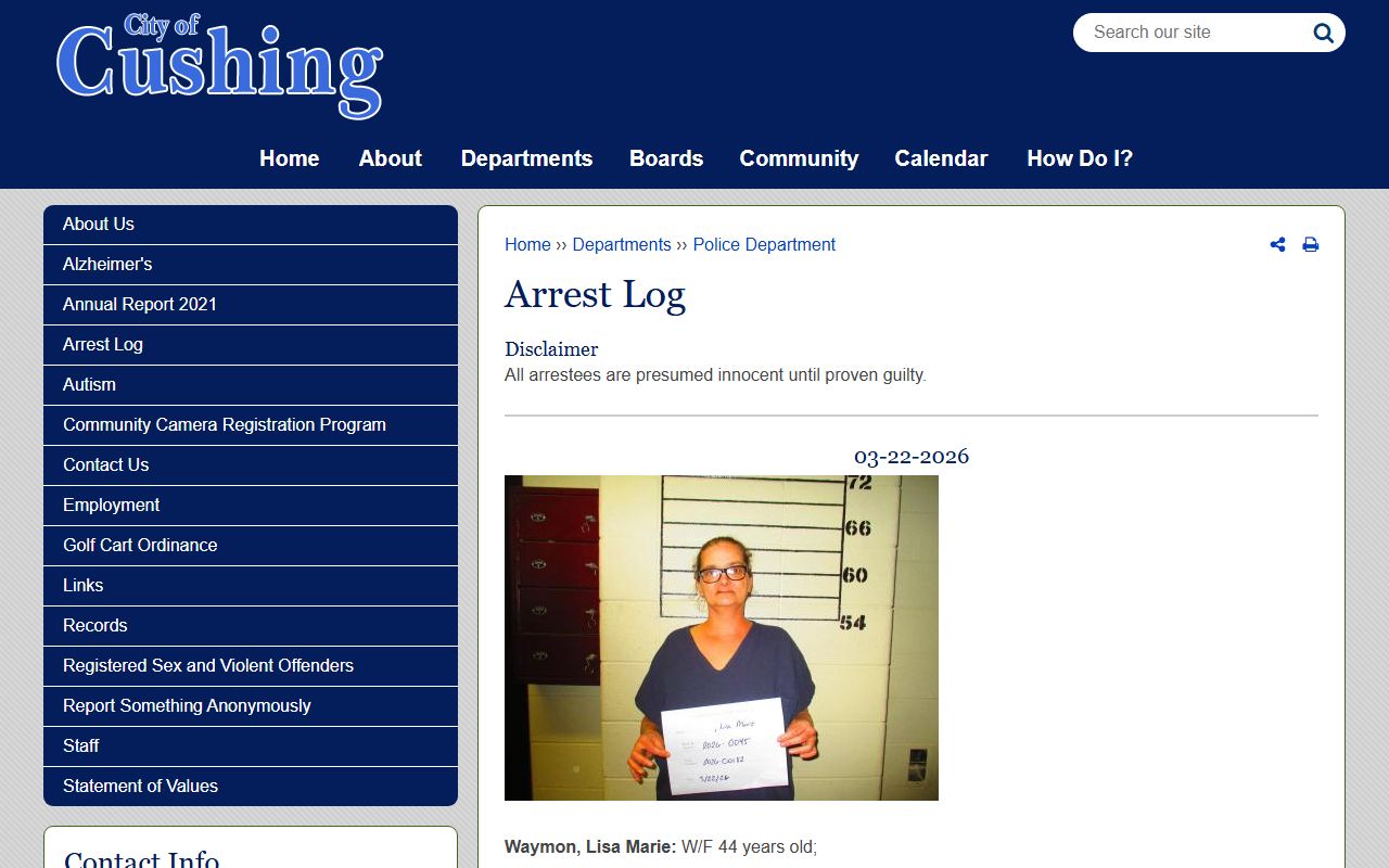 Cushing Police Department arrest log for Payne County jail mugshots