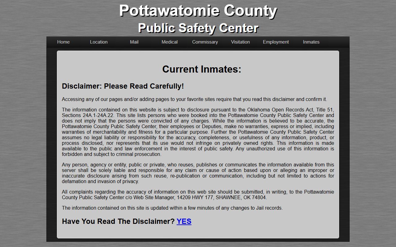Pottawatomie County Public Safety Center inmate listing for jail mugshots