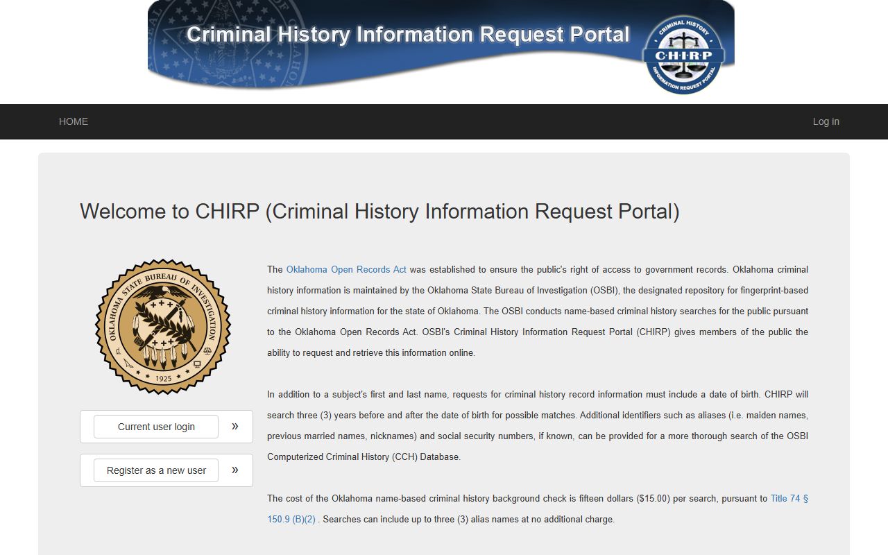 Oklahoma OSBI CHIRP portal for jail mugshots and criminal history searches
